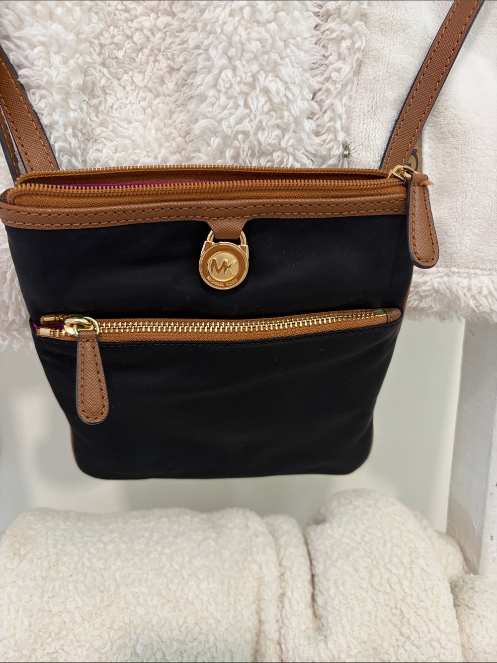 Michael Kors Black Nylon Crossbody with Brown Trim and Gold Accent